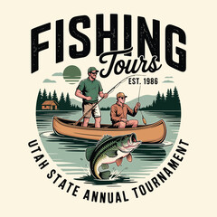 Retro fishing tour emblem with fishermen in boat and pine trees vector