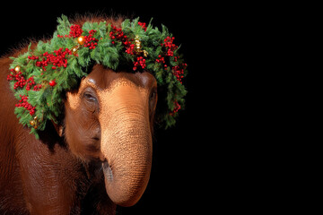 An elephant with Christmas decorations.  