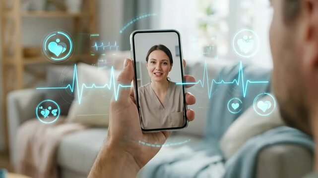 Telemedicine video consultation virtual doctor smartphone with heart rate overlay caring nurse