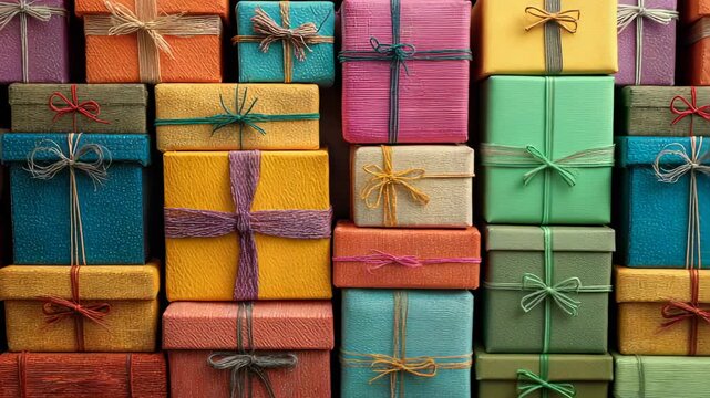 Stacked gift boxes wrapped in colorful twine and paper, creating a vibrant and festive presentation, suitable for holidays or celebrations.