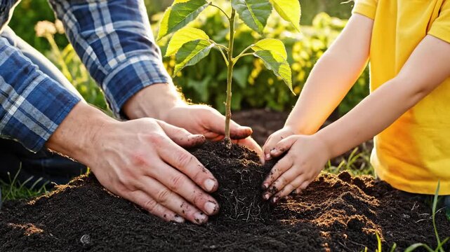 Close-up of father and child hands planting young tree sapling in garden soil at sunset