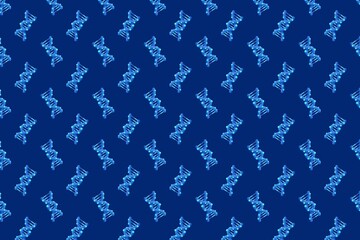 3D DNA double helix pattern on deep blue background, repeating genetic structure for science, biotechnology, medical research
