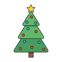 Festive green christmas tree with yellow star and colorful ornaments isolated on transparent background isolated on white background