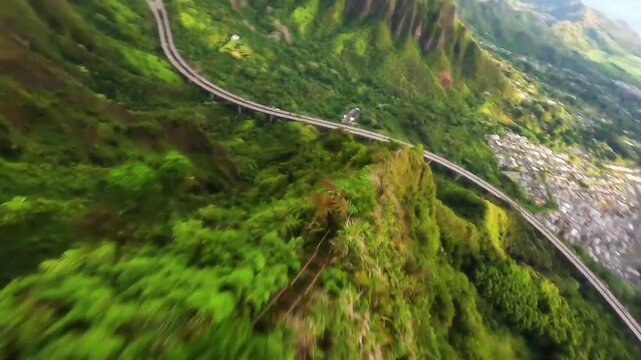 High-speed FPV drone dive own the Haiku Stairs in Haaii.