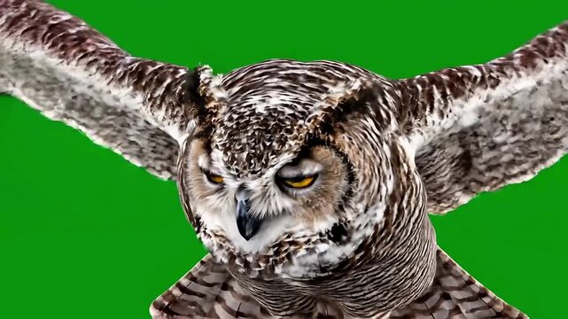 Majestic great horned owl captured midflight with wings spread wide against a vibrant chroma key green screen background for easy editing