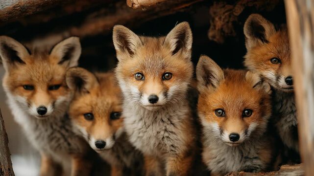 Curious Red Fox Kit Peeking Out From Natural Woodland Burrow, Wildlife Portrait, Close-up of Young Fox in Forest Habitat.