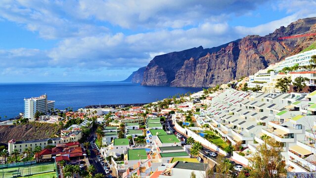 View of the gigantic Acantilados de Los Gigantes cliffs in the municipality of Santiago del Teide, on the Canary Island of Tenerife, in the Atlantic Ocean in Spain