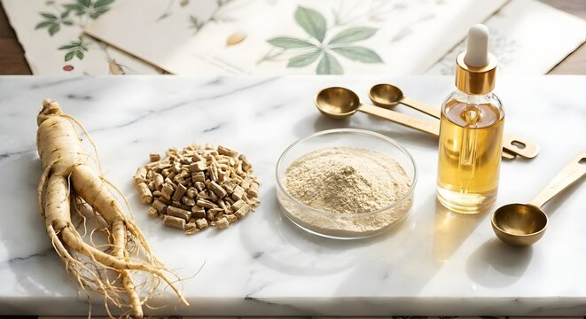 Ginseng in its various forms: whole root, chopped, powder, and extract.
