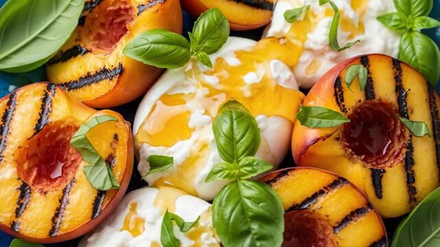 Fresh grilled peach and burrata salad with basil and balsamic glaze on a vibrant blue plate