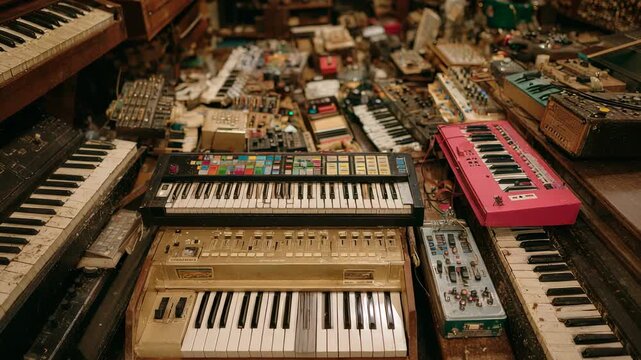 Vintage Synthesizer Keys and Controls - Detailed Close-Up of Musical Equipment and Analog Technology.