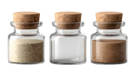 Three empty and filled glass spice jars with cork stoppers on white background for kitchen storage and organization needs
