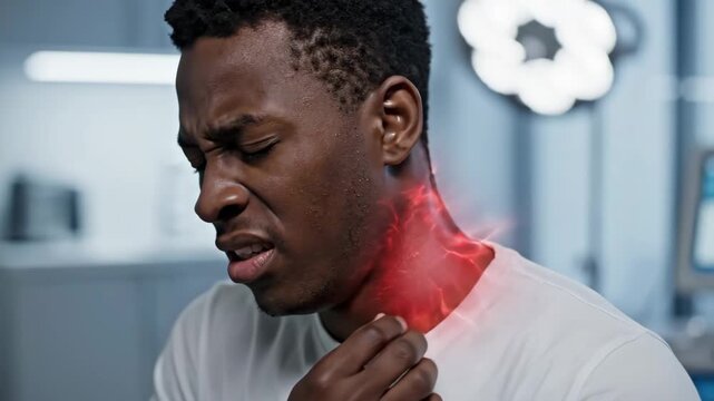 Man experiencing severe throat pain - A young African American man is seen with his hand on his throat, indicating pain and discomfort.
