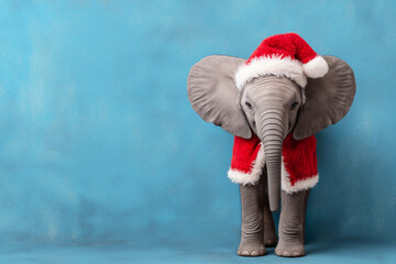 A photograph of an elephant dressed as Santa Claus on Christmas party background.  