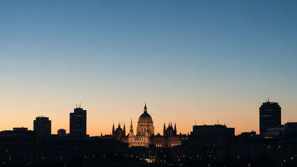 Obraz premium Minimal city skyline with a central parliament dome highlighted softly.