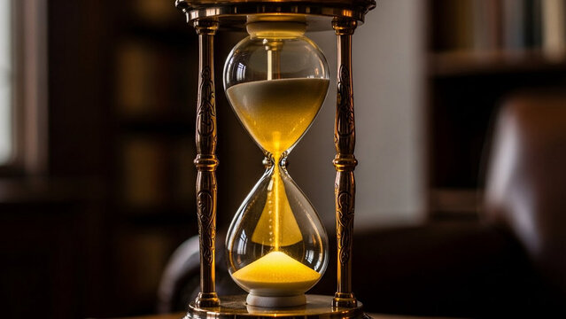 Hourglass with glowing sand, patience and deliberation symbolism.