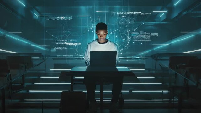 Focused young professional uses laptop at modern office desk, working diligently in a brightly lit, contemporary workspace environment.