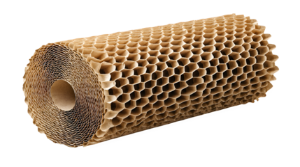 A sheet of expanded brown honeycomb packing paper on a white background, cardboard roll