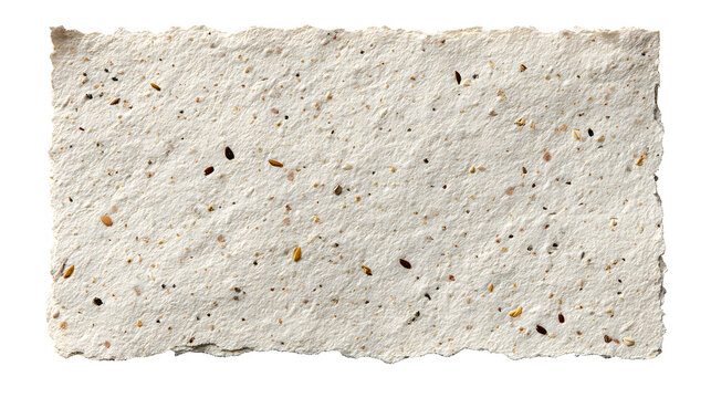 Handmade seed paper with rough texture and flecks of pink, black, and brown on a white background, eco friendly and sustainable material for crafting and art projects