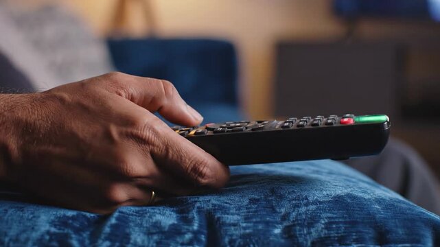 Close up of male hand holding black TV remote control and changing channels on sofa in living room