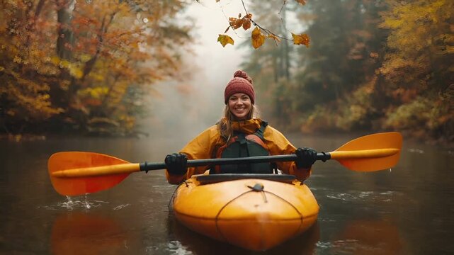A woman kayaking on a misty river surrounded by autumnal trees.
