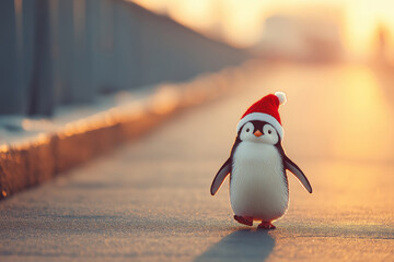 A photo of a penguin dressed as Santa Claus on nature background. 