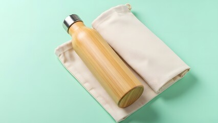 Eco-Friendly Hydration: A stylish, reusable bamboo water bottle rests beside a soft cloth carrying case, symbolizing a conscious choice for a sustainable lifestyle. 