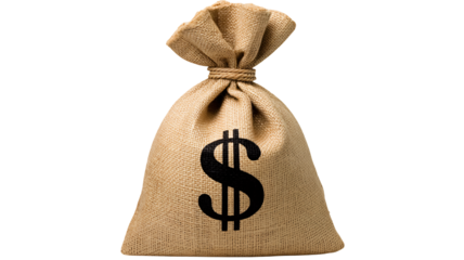 Close view of a burlap sack with a dollar sign on clean white. money, wealth, and finance