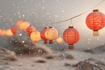New Year celebration during a blizzard on a snowy plateau, glowing lanterns barely visible through blowing snow. 