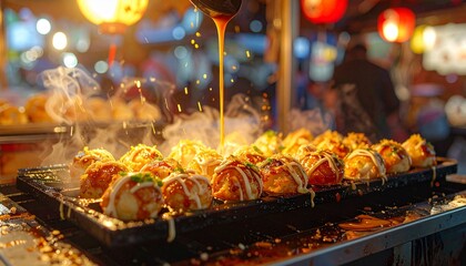 Fototapeta premium Vibrant Street Food Stalls Worldwide - Sizzling Takoyaki Balls on Osaka Summer Festival Stall