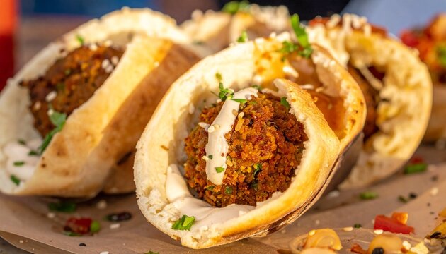 Vibrant Street Food Stalls Worldwide - Aromatic Falafel Pitas on Tel Aviv Mediterranean Summer Stall