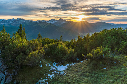 Golden Sunrise Over Tannheimer Valley Mountains Capturing Serene Alpine Hike Beauty
