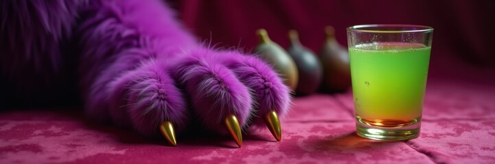 A vibrant purple furry paw with golden claws rests beside a colorful drink on a richly textured surface.