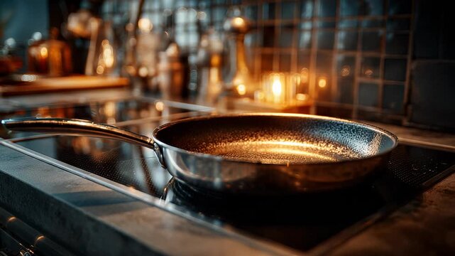 Stainless Steel Frying Pan on Induction Cooktop - Close-up of Cooking Utensil in Modern Kitchen.