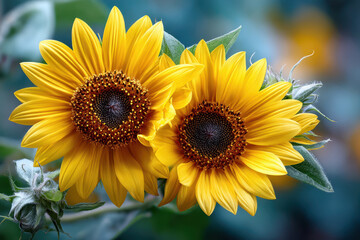 Bright sunflowers blooming in a garden during summer in full sunlight