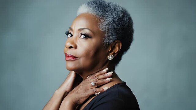 Elegant African American Woman Portrait: Sophisticated Style, Confidence, and Graceful Pose in Studio Lighting.