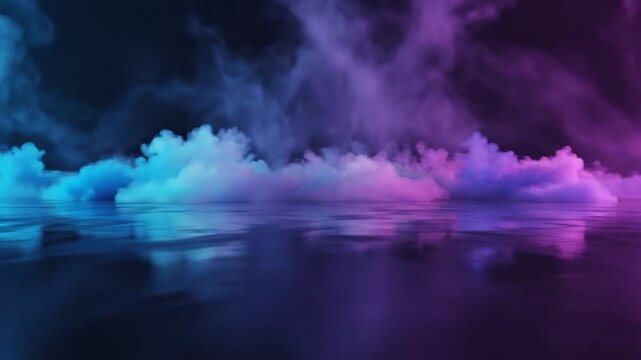 Mystical fog with neon lights reflected on water surface