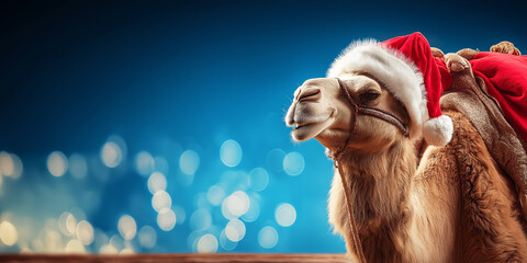 A photograph of a camel dressed as Santa Clauss on Christmas party background. 