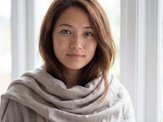 Close-up of a girl with a solid gray neck scarf in sunny weather