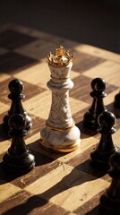 3White queen surrounded by black pawns on chessboard &ndash; concept of strategy and pressure