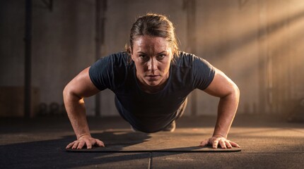 Pregnant woman doing push-ups in gym, sweat on face