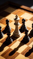 White queen surrounded by black pawns on chessboard &ndash; concept of strategy and pressure