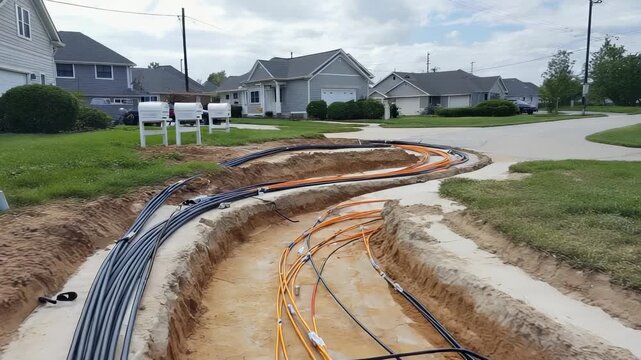 Underground Utility Installation: Trenched Earth with Fiber Optic Cables and Conduit for Infrastructure Development.
