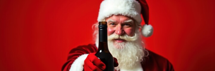 Jolly santa claus with a red background, raising a bottle, embodying the festive spirit of christmas.