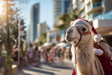 A photograph of a camel dressed as Santa Clauss on Christmas party background. 