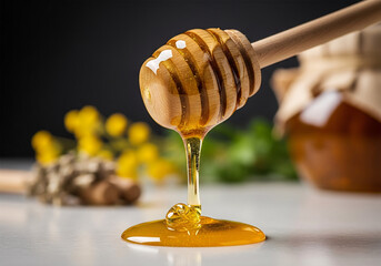 honey dripping from a wooden spoon