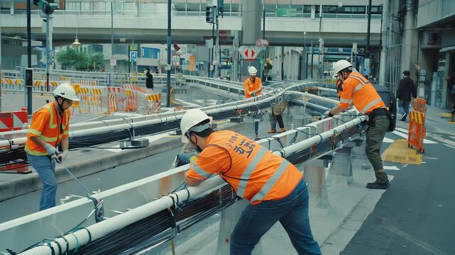 Infrastructure Workers Installing Underground Utility Pipes and Cables in Urban Construction Zone.