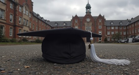graduation cap lying on gravel with university building in background