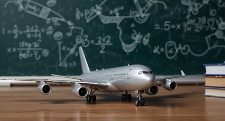 airplane model with mathematical equations on a chalkboard background, education and travel concept.