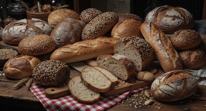 assorted artisanal breads on a rustic wooden table with wheat and a checkered cloth, perfect for bakery or food photography. - Powered by Adobe