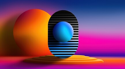 Abstract 3D geometric composition with blue sphere and striped shape. Colorful gradient background with podium. Modern surreal art design